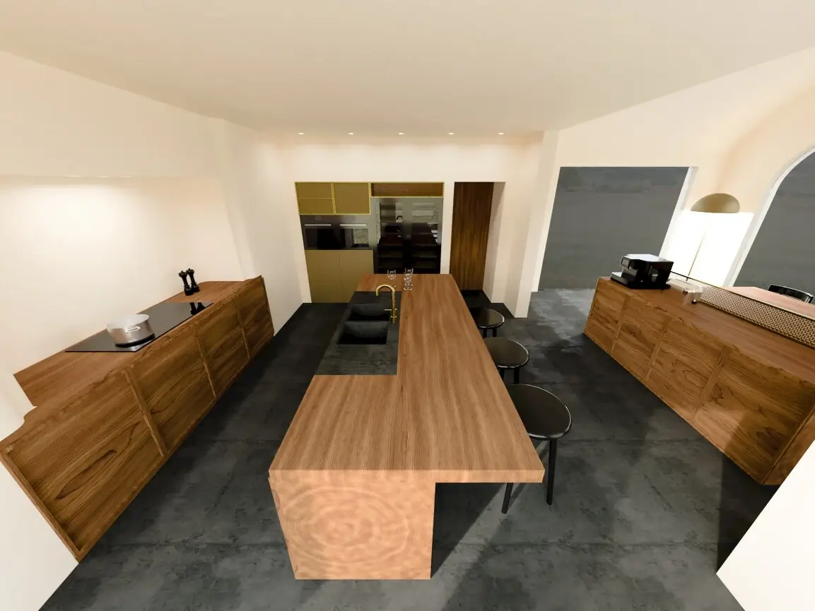 3D rendering keuken met leefruimte